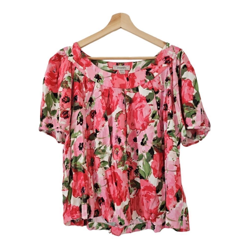 2/$20 Dressbarn Boat Neck Pleated Pink Floral Short Sleeve Blouse Top 14/16